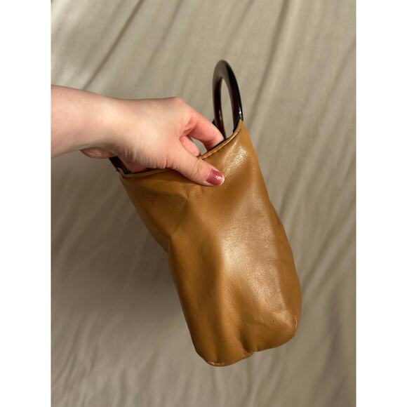 Vintage Tan Smooth Leather Stocko Clutch Purse Handbag Bakelite Lucite Handles - Picture 11 of 13